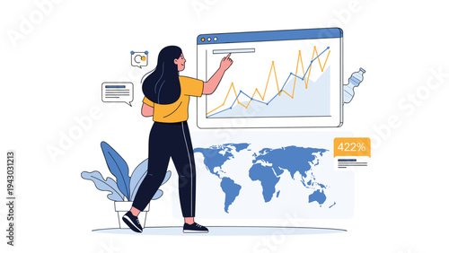 Data scientist pointing to business growth charts and a world map while analyzing global market trends on a large interactive digital screen.