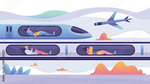 Futuristic train and airplane with people traveling in pods transportation
