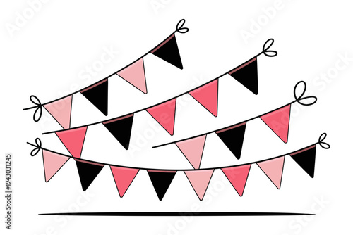 A festive bunting illustration with pink and black triangular flags