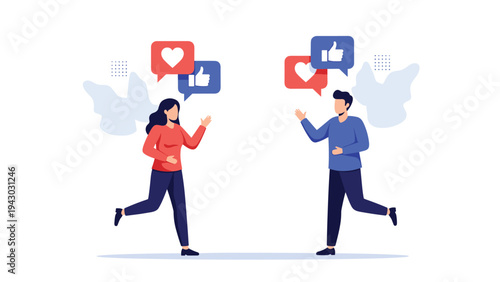 Social media interaction concept showing a man and a woman sharing likes and hearts through digital communication for online engagement.