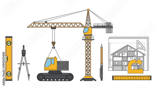 Comprehensive set of construction and architecture tools including a crane, tractor, blueprints, ruler, and compass for building design.