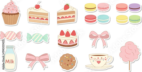 Colorful dessert icons in flat illustration style with pastel colors on white background for bakery branding