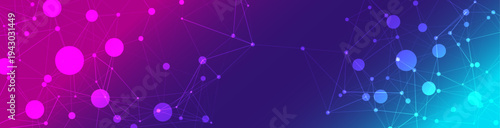 Vibrant abstract network background featuring interconnected dots and lines with a gradient of magenta, purple, and blue hues, ideal for modern technology or science concepts.
