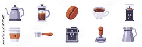 Set of coffee brewing tools and barista equipment with grinder, kettle and espresso machine, colorful collection with vector flat illustrations