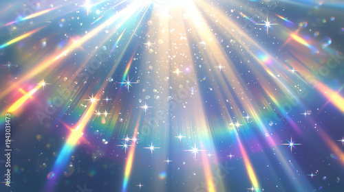 虹色の光の筋と輝く粒子が舞う幻想的な背景素材