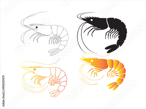 Shrimp silhouette set isolated, Shrimp Set Seafood Prawn Illustration Vector Collection