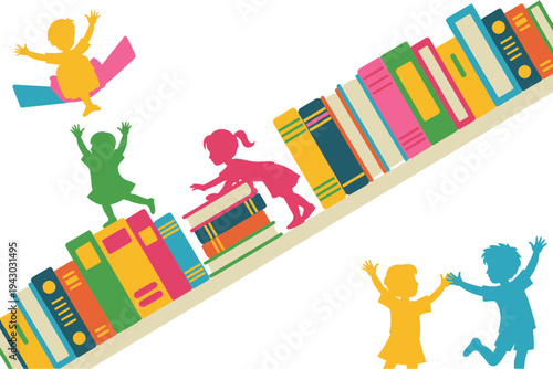 Book silhouette illustration of children playing with colorful books happily