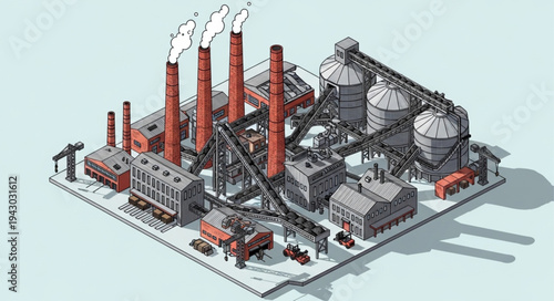 Industrial Plant with Smokestacks and Tanks.