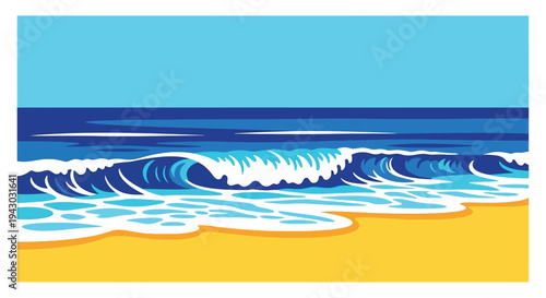 Crashing ocean wave on sandy beach in vibrant colorful illustration for travel brochure
