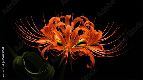 Photos Vibrant orange lycoris flower with long stamens on dark background closeup