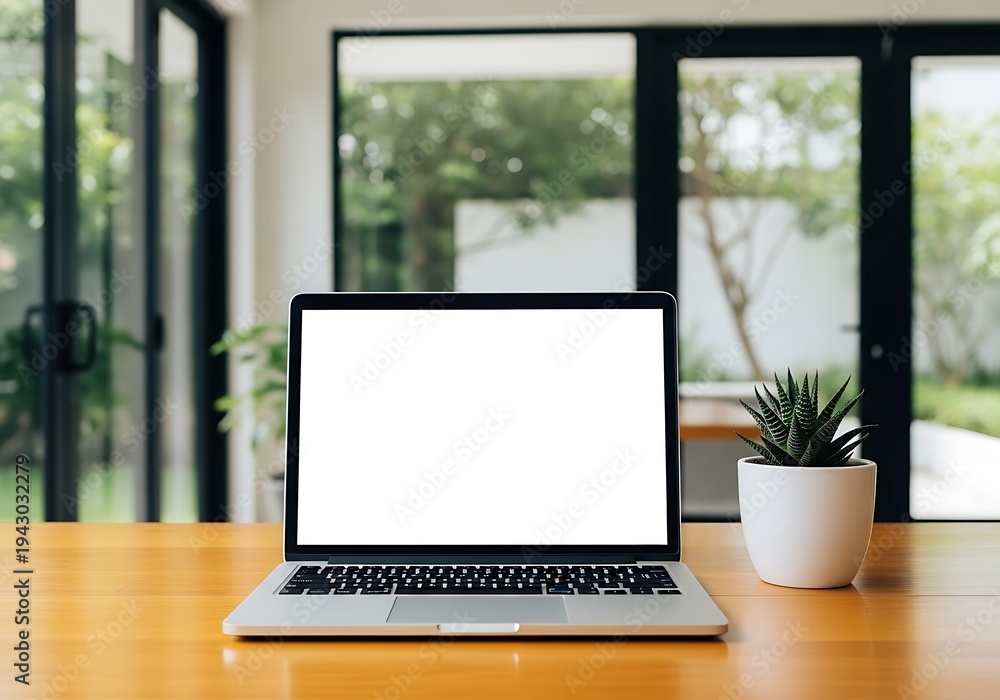 Fototapeta premium Modern Laptop on Wooden Desk with Potted Plant in Bright Office.