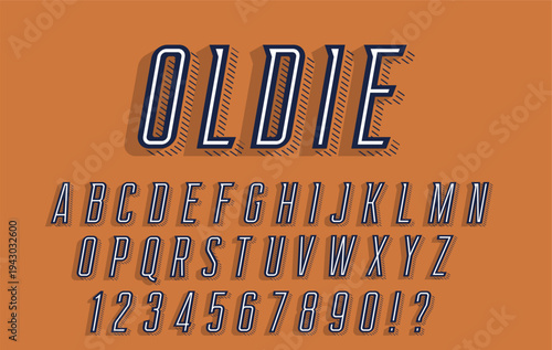 Oldie Retro Font - Navy Blue Inline Striped Alphabet with Hatched Shadow on Orange Background