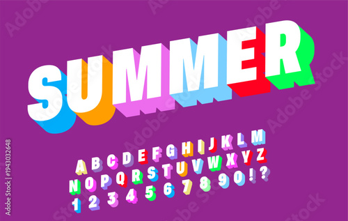 Summer 3D Colorful Font - White Bold Alphabet with Rainbow Shadow Effect on Purple Background