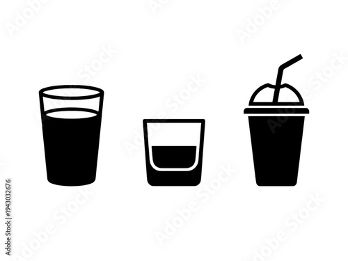 Glassware and takeaway drink icons set with tumbler short glass and soda cup isolated on transparent background.
