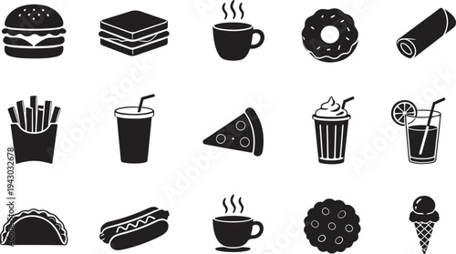 Black silhouette icons depicting various fast food items and beverages