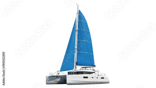 Fotografie Isolated elegant modern catamaran sailing yacht featuring prominent vibrant blue