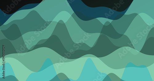 Deep blue and forest green undulating wave shapes create mysterious abstract landscape for atmospheric wallpaper