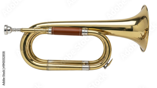 Fotografía Isolated shiny brass bugle with brown leather grip, traditional military musical