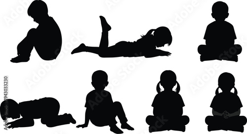 children, silhouettes, kids, sitting, lying, crawling, playing, childhood, poses, toddler, activity, playful, 