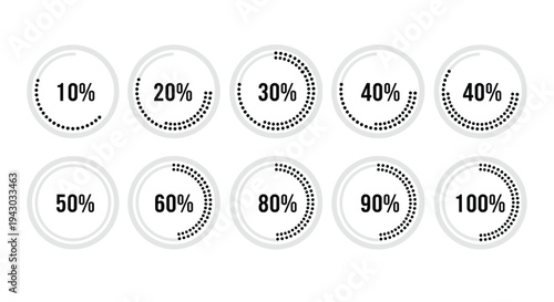 Circular progress bar percentage indicators set, dotted loading icons from 10 to 100 percent, modern UI dashboard elements