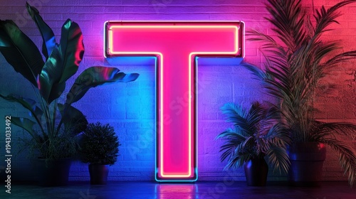 Neon pink letter T against a brick wall, tropical plants