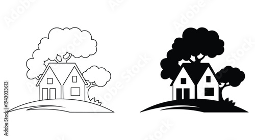 minimalist tree and house logo, black and white modern emblem design simple vector icon for real estate branding, nature inspired projects, eco friendly businesses, and graphic design assets.