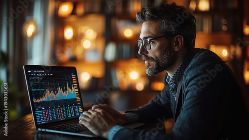 man working on laptop checking trading diagram