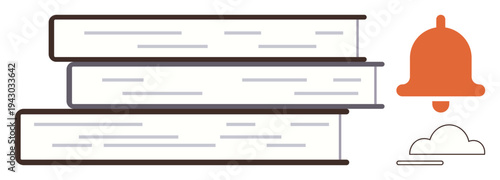 Education, online learning, notifications, studying resources, digital transformation, knowledge sharing. A stack of books with a bell and cloud icon. Education and online learning concepts