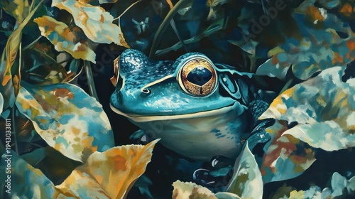 Vibrant blue frog nestled amongst autumnal leaves