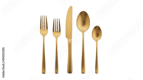 Isolated modern gold flatware set with forks, knife, and spoons, elegant dining utensils