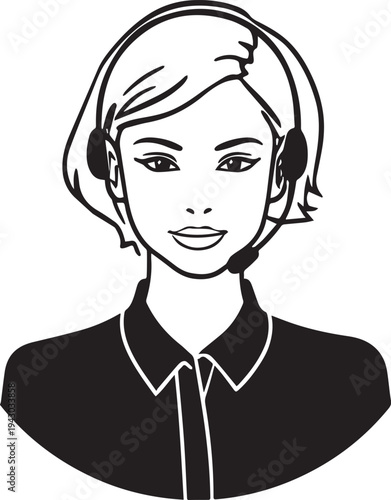 Hand Drawn Female Customer Service Agent Black and White Avatar Illustration in Minimal Line Art Style Design
