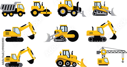 Construction vehicles icons set with excavator bulldozer dump truck crane roller tractor heavy machinery vector illustration collection