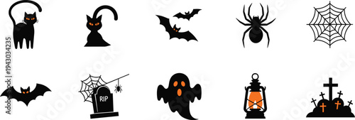 Halloween spooky icons set with black cat bat ghost spider web grave lantern creepy silhouette vector collection