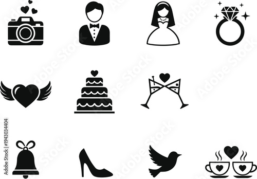 Wedding love icons set with bride groom ring cake heart bell dove camera celebration romance vector silhouette collection