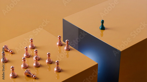 Success concept with single dark green chess pawn separated by a gap from copper pawns on glossy geometric platforms.