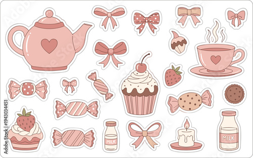 Pink sweet treats still life with bows and teacup in soft pastel lighting for bakery advertising