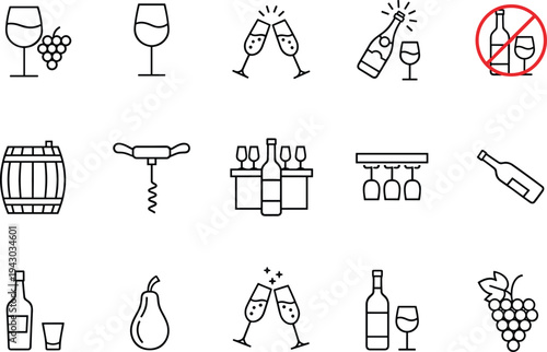 Wine icons set, alcohol line symbols collection with bottle glass grape barrel corkscrew champagne toast and no alcohol sign vector