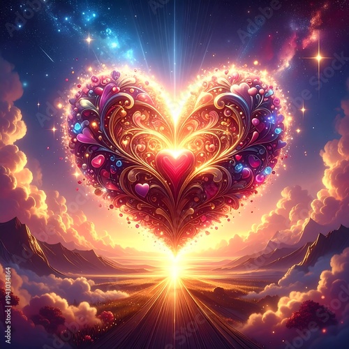 Ornate, luminous heart glowing in a vibrant sky with cloudscape & landscape below