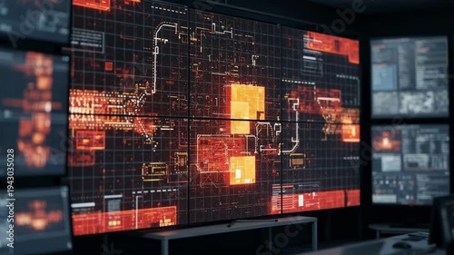 Close view of a master control room video wall in alarm state featuring flashing alert signals and highlighted error messages sharply focused the periphery out of focus.