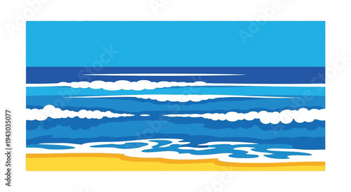 Seascape ocean waves on sandy beach in vibrant colorful illustration for travel brochure