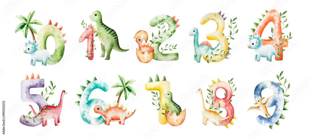 Obraz premium Cute dinosaur number set. One, two, three, four, five, six, seven, eight, nine, zero with triceratops and palm. . Watercolor hand drawn prehistoric Spinosaurus, Brachiosaurus animal. Isolated