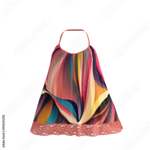 Vibrant multicolor halter neck dress with abstract pattern and pink sequin hem