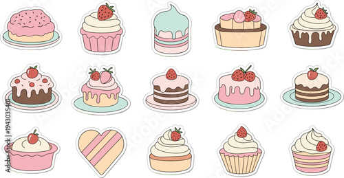 Colorful cartoon desserts variety in cute illustration for bakery branding