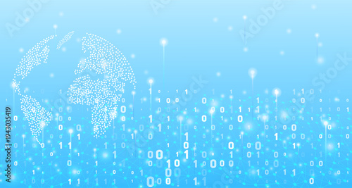 Digital world map formed by dots, binary 0s and 1s floating, and a glowing data network with light beams on a blue background, symbolizing global connectivity.