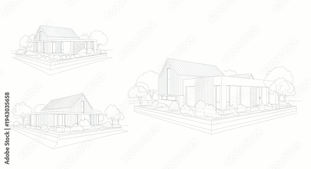 Fototapeta premium Modern House Design Sketches, Architectural Blueprint, Exterior View