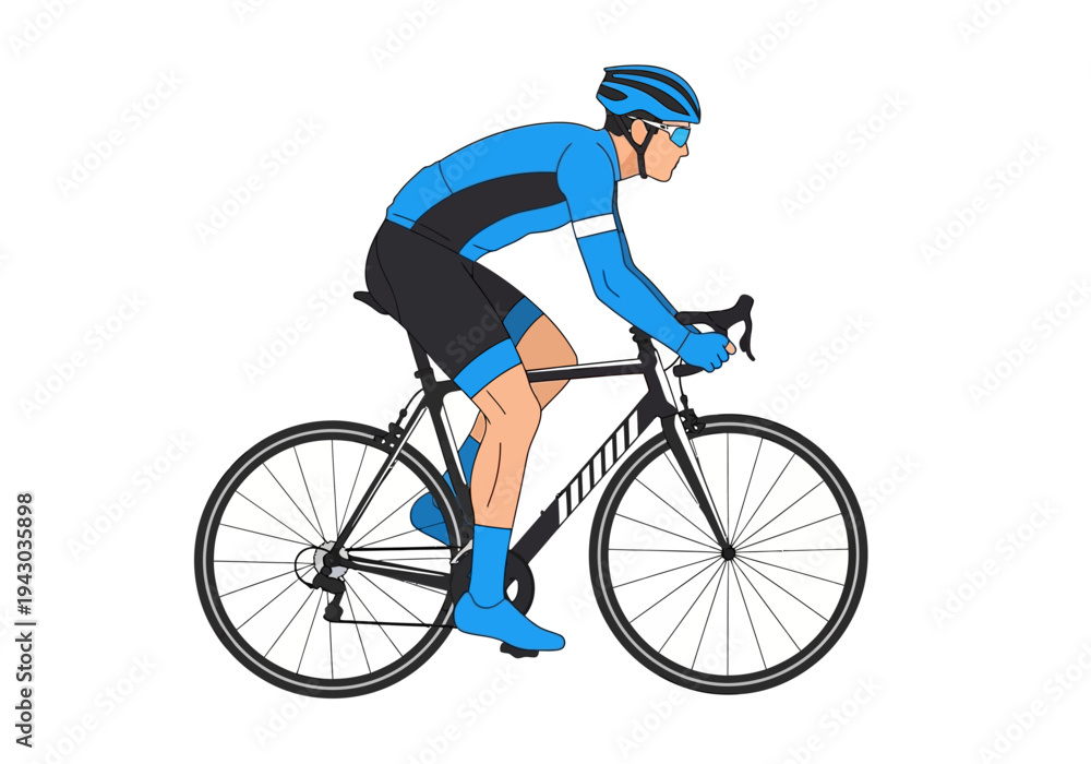 Naklejka premium Cyclist in blue and black uniform riding a black road bicycle