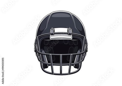 A frontal view illustration of a dark grey American football helmet with a black facemask