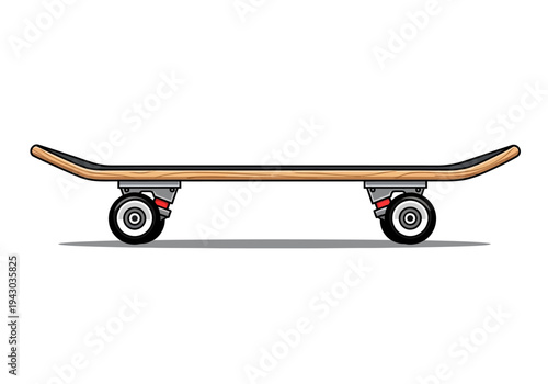 A side view illustration of a wooden skateboard with black grip tape and black wheels