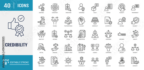 Credibility icon set. Includes trustworthiness, reliability, authenticity, integrity, honesty, dependability, accountability. Outline icon set. Vector illustration with editable stroke