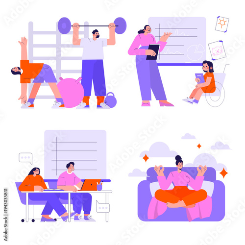 Diverse Activities Illustration: Fitness, Teaching, Relaxation